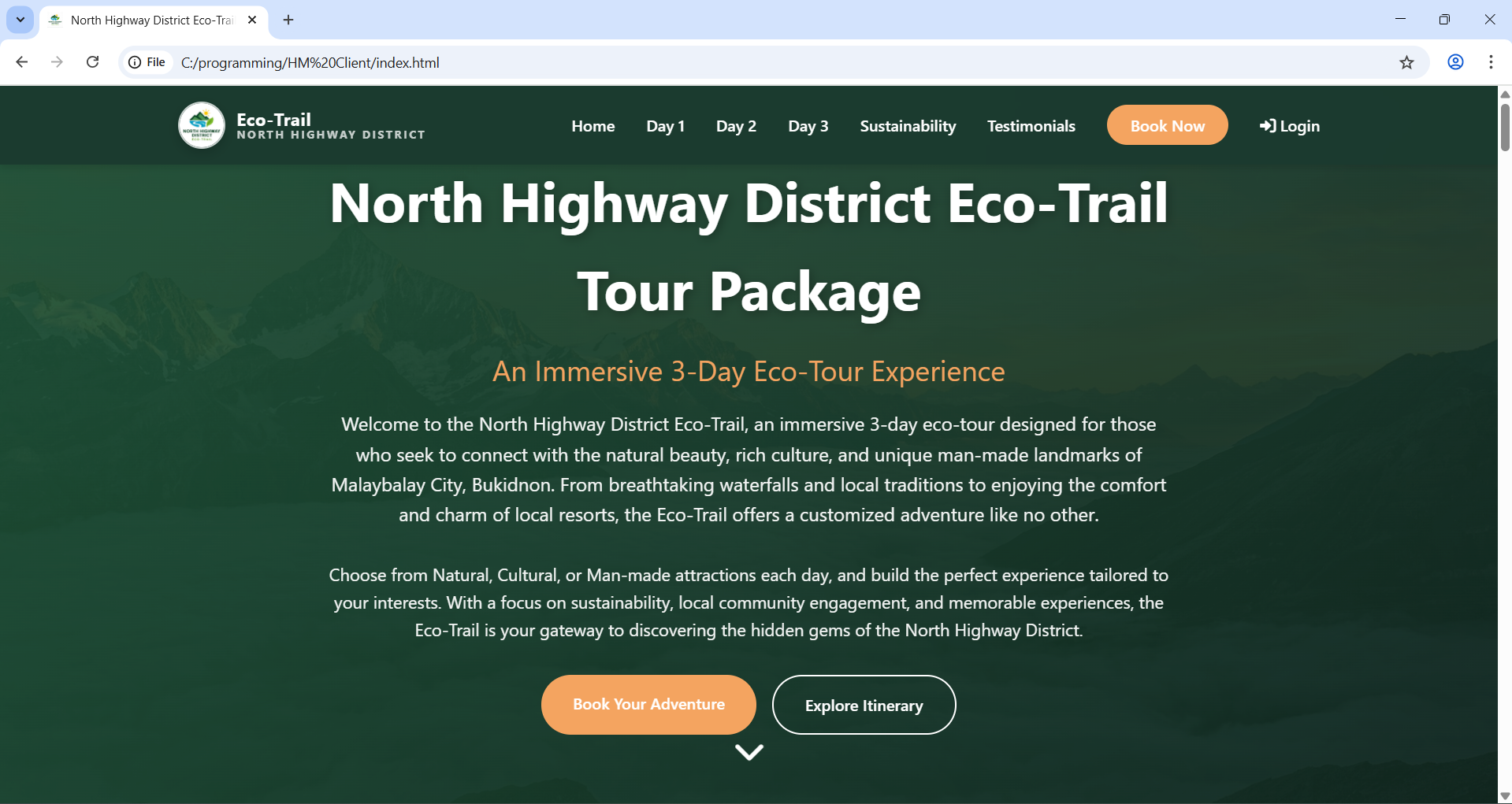 Eco-Trail 3-day tour package website landing page