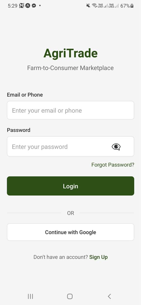 AgriTrade farm-to-consumer mobile marketplace login screen