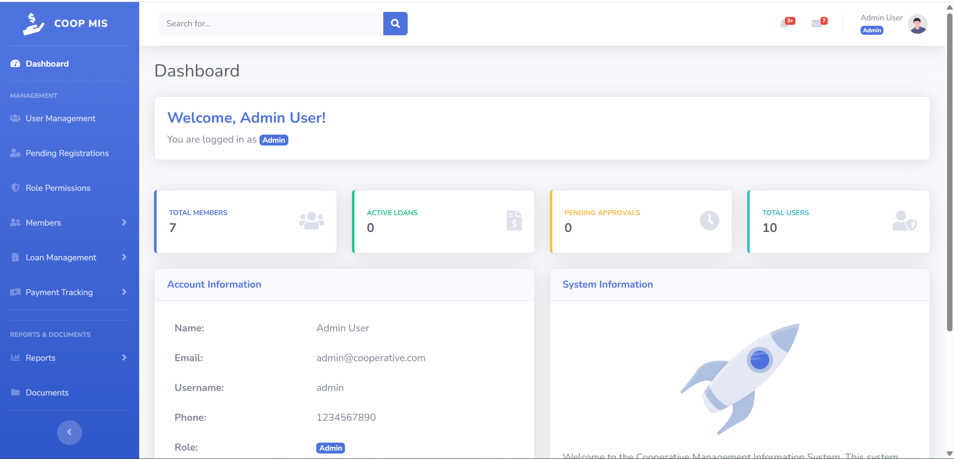 Cooperative Management Information System dashboard